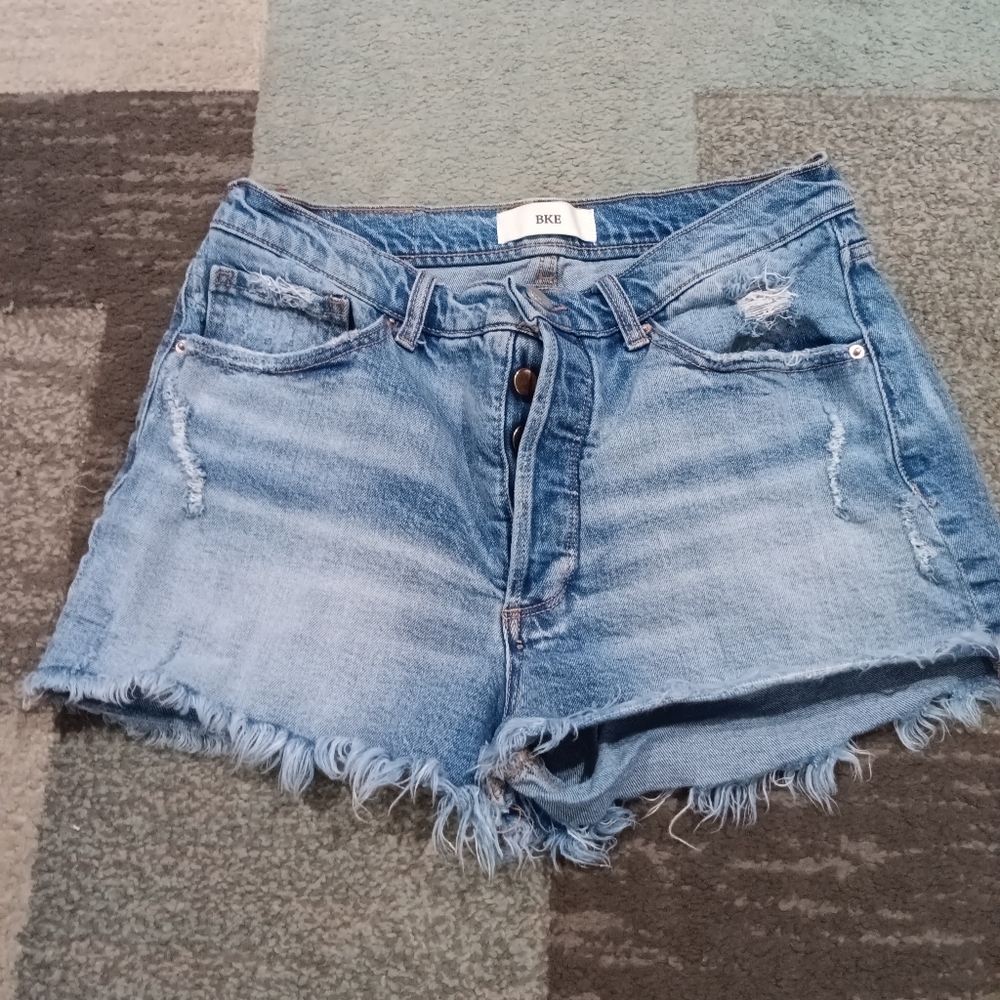 BKE Frayed Hem Jean Shorts - Light Blue